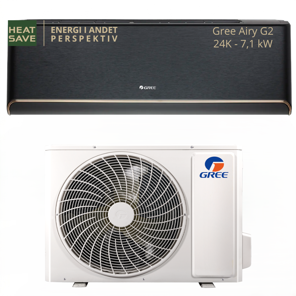 Gree Airy G2 24K 7,1 kW – Luft/luft varmepumpe – *Black Edition* 1 Gree Airy G2 24K, Sort luft/luft varmepumpe, luft til luft varmepumpe, varmepumpe komplet sæt